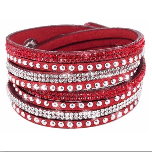 Red Rhinestone Bling Wrap Snap Bracelet - Picture 3 of 6